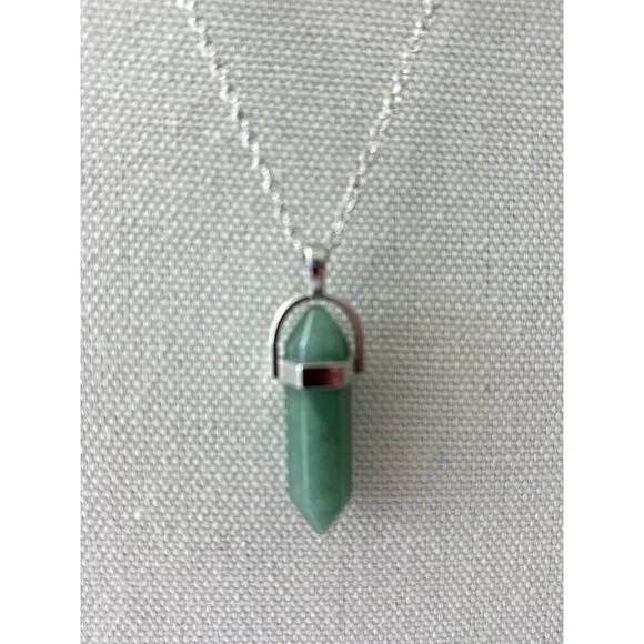 Green Aventurine Crystal Pendant Necklace With Silver-Tone Chain - Picture 2 of 4